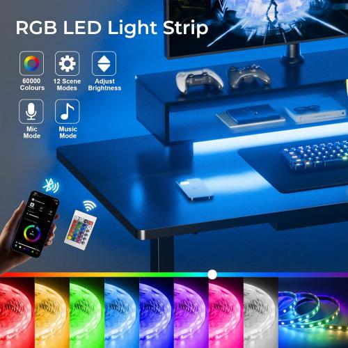 GTPLAYER Electric Standing Desk with Drawers, 48 x 24 Inch Height Adjustable Gaming Desk with Monitor Stand, Power Outlets & LED Lights, Home Office Sit Stand Up Desk with Memory Preset (Black)