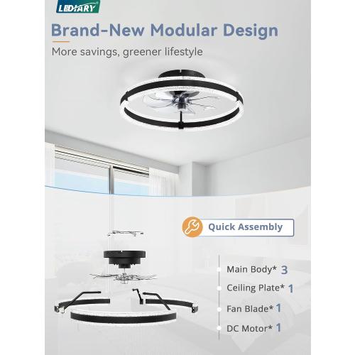 LEDIARY Ceiling Fans with Lights and Remote, 20'' Low Profile Ceiling Fan with Light, 3000-6000K Dimmable Fandelier Ceiling Fans, Modern Flush Mount Fan Light for Bedroom with 6 Wind Speeds- Black