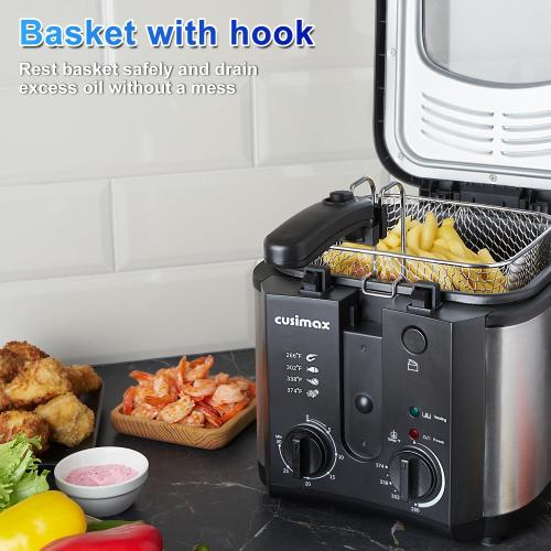 CUSIMAX Electric Deep Fryer for Home Use, 2.5 Liter 1500W Small Deep Fryer with Basket, Adjustable Temperature & Time, Lid with View Window and Odor Free Filter