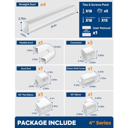 4 16Ft Mini Split Line Set Cover with Flexible Duct, Long Duct Cover Kits - Paintable Minisplit Lineset Cover Kit, AC Line Hide for Mini-Split, Air Conditioner, Central AC, HVAC, White