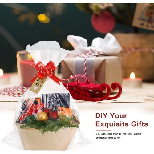 KEVTVEK Bigger Baskets for Gifts Empty, 6 Pack Sturdy Kraft Basket With Handles Gift Basket Kit, 6 Shrink Wrap Bags, 6 Bows and Hang Tag, Empty Gift Baskets to Fill for Easter Birthday Baby Shower