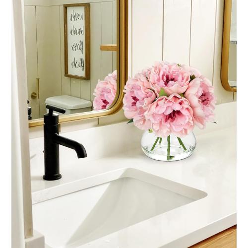 Hollyone Light Pink Peonies Artificial Flowers with Vase Faux Flowers Peony Fake Flowers Silk Flower Arrangements in Glass Vase with Faux Water for Bathroom Table Centerpiece Shelf Home Decor