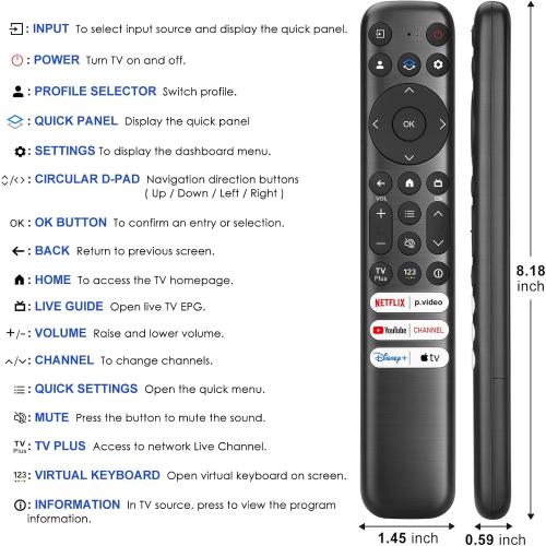 Replacement Only for TCL Google TV Remote Control,RC813 Compatible with TCL QM8/QM7/S5/S4/S3/Q7/Q6/Q5 4K UHD HDR LED QLED QD-Mini LED Full-HD Smart TVs
