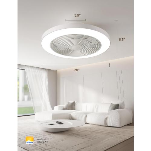 WHITE Orison Ceiling Fans with Lights, Low Profile Ceiling Fan with Lights and Remote, 6 Wind Speeds Smart Flush Mount Ceiling Fan for Bedroom, Kids Room and Living Room 19.7 (White)