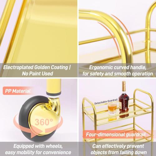 susunnus Bar Cart with Wheels,Stainless Steel Cart with Wheels 3 Tier,Metal Rolling Cart,Four-Dimensional Guardrail Design,Gold Finish,Movable,Suitable for Various Occasions,Dinner Party,Living Room