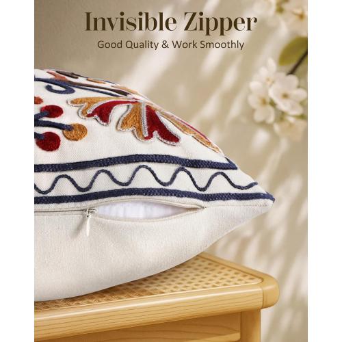 Embroidered Throw Pillow Cover - 20x20 Decorative Pillow Cover with Zipper Aesthetic Cute Design Boho Spring Summer Throw Pillowcase for Living Room Couch Sofa Bed, Fall Flower