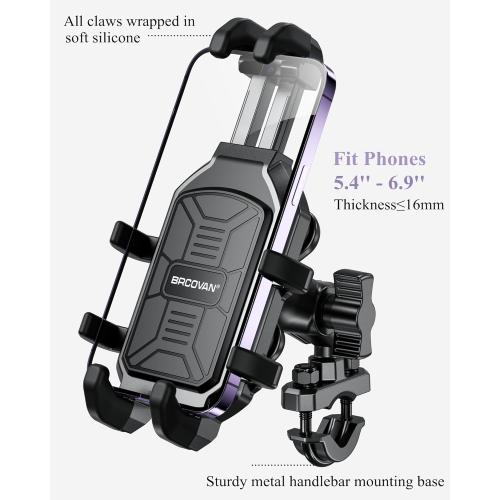 BRCOVAN Motorcycle Phone Mount Holder with Vibration Dampener, Anti-Shake Handlebar Cellphone Cradle for Bike Bicycle Scooter ATV, Adjustable Fit 5.4-6.9'' Smartphone