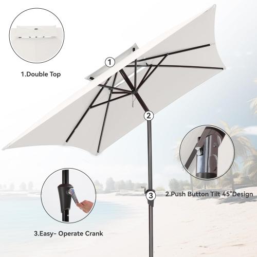6.6 x 10 ft Rectangular Patio Umbrella, Outdoor Market Table Umbrella with Push Button Tilt and Crank, Double-Tier Vent, 6 Ribs, Rectangle Patio Umbrella for Backyard, Deck, Pool, Fits 4–6 Chairs and Tables (White)