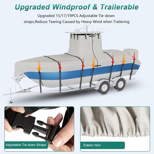 Heavy Duty Ture 900D T-Top Boat Cover 22ft - 24ft with Motor Cover, 100% Waterproof Solution-Dyed Center Console Boat with T Top Roof 22-24 Foot with Upgraded 19 Windproof Straps