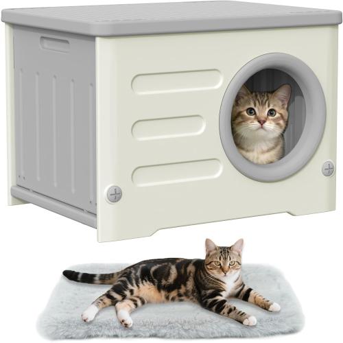 Outdoor Cat House Weatherproof, Insulated Heavy-Duty HDPE Feral Cat Shelter with Cozy Cushion, Elevated Stackable Round Entrance Cat House for All Seasons Indoor Outdoor (Grey and White)
