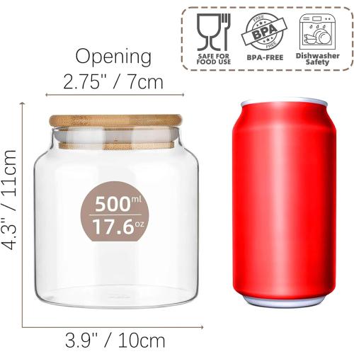 17.6 fl oz Glass Storage Containers with Lids,Candy Jar with Lid, Glass Food Storage Containers for Kitchen Counter, Pantry, Decorative Jar for Coffee, Sugar,Tea, Cute Jar (Bamboo 17.6 FL OZ)