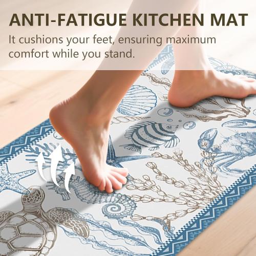 Coastal Rugs for Kitchen Floor, Beach Anti Fatigue Mats for Kitchen Floor Non Slip, 2PCS Rubber Ocean Coral Kitchen Mat, Washable Cushioned Runner Carpet for Sink Laundry 15.7×27.5  15.7×47 3.5mm