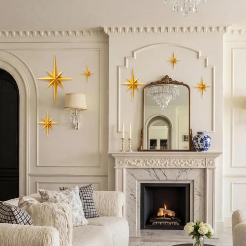 Shudyear 2 Pack Starburst Wall Decor Set, Retro Mid Century Modern Star Wall Art, Gold/Black Plastic Celestial Wall Sculptures for Living Room, Bedroom, Apartment Decor (Gold)