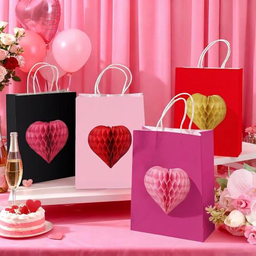 Eaasty 12 Pcs Valentine's Day Gift Bags with 3D Heart Honeycomb Large Galentines Gift Bag with Handle Colorful Kraft Paper Bags Heart Goodie Candy Tote for Valentines Wedding Party Favors Supplies