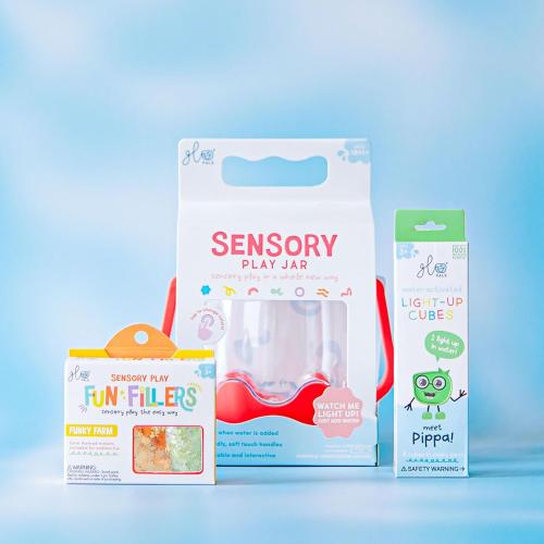 Glo Pals Play Pack Bundle with Sensory Play Jar, Water-Activated Light-Up Cubes, and Fun Fillers - Sensory Toys for Toddlers - Sensory Toy Kit with Light Up Cubes for Bathtub - Barnyard Blast