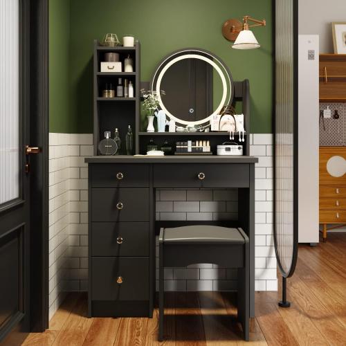 Makeup Vanity Set Dresser Desk with 5 Drawer and Shelf Round Mirror with Touch Screen and Light Vanity Set with Cushioned Stool for Bedroom, Black