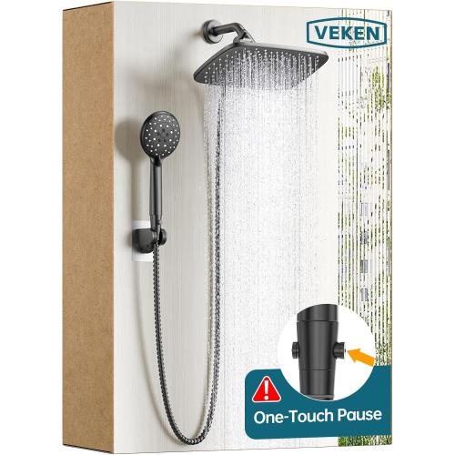 Size 11.8 inch Color Black Veken 11.8 Inch Rain Shower Head with Handheld- High Pressure Dual Shower Heads with 5 Modes Handheld Spray Combo- Wide Rainfall Showerhead with Hose, Bathroom Accessories, Matte Black