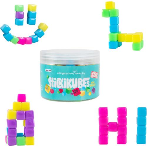 StickiKubes, Mini Stacking Cubes That Stick to Anything, Non Toxic Kid Safe Sticky Blocks, Creative Construction Toy - 125 Cubes, 5 Neon Colors, Tub
