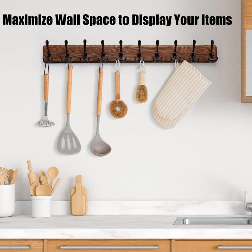 Gohiuo Rustic 38.6 Large Coat Rack Wall Mount, Long Wood Coat Hooks with 10 Triple Hooks, Heavy Duty Wooden Coat Hanger Wall Mount for Entryway, Farmhouse Hanging Jackets, Coats, Hats, Bags,Towel