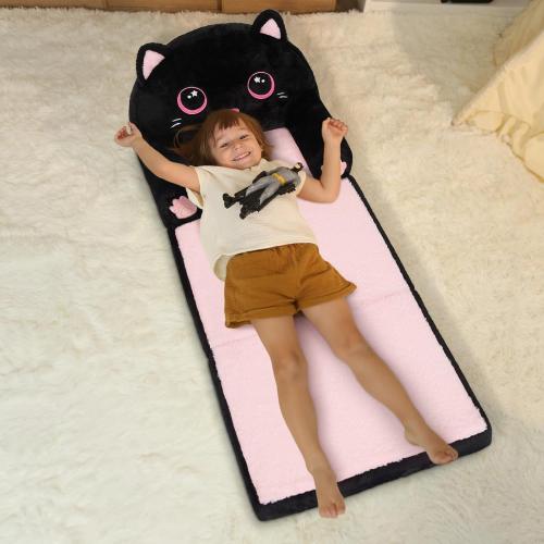 Size Small Color Pink and Black Kids Couch Fold Out, Velvet 2-in-1 Flip Open Couch for Toddlers, Comfy Toddler Chair for Reading and Napping, for Boys and Girls (Black & Pink Kitty)
