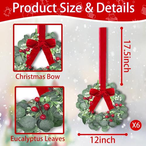 6 Pack 12 Inch Mini Christmas Wreath Small Christmas Kitchen Cabinet Wreaths with Red Bow Eucalyptus Leaves Flowering Boxwood Branches Red Berry Xmas Wreaths for Windows Door Wall Stairs Home Decor