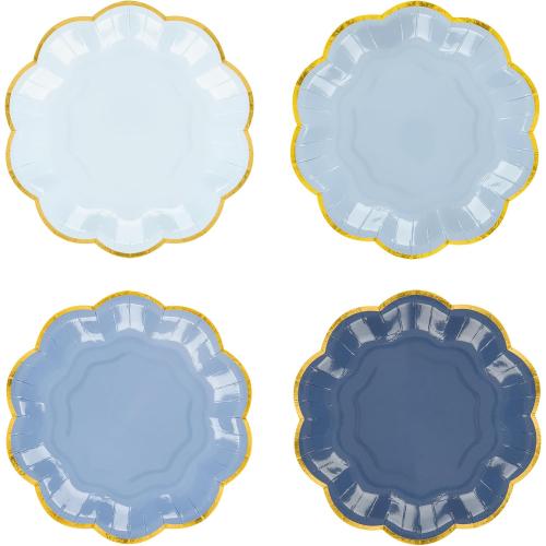24 Pcs Dusty Blue Scalloped Paper Dessert Plates, 7 Inch, Gradient Blue | Gold Foil Edge, Disposable Party Plates, Snack Cake Plate for Birthday Bridal Baby Shower Wedding Xmas Party Supplies