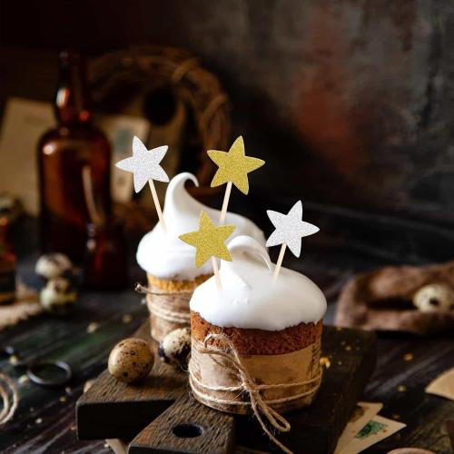 Pistha 50 Pcs Star Cupcake Toppers Glitter Twinkle Star Cupcake Picks for Wedding Baby Shower Birthday Party(Gold,Silver)