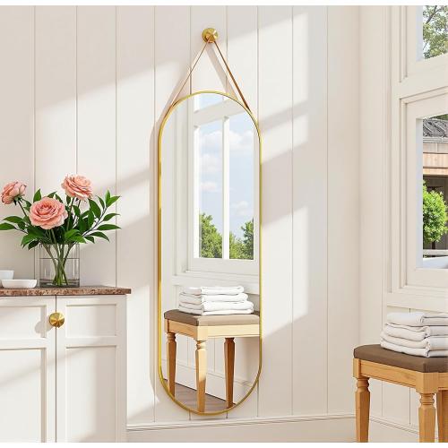 Dewfig 16x48 Oval Full Length Mirror with Leather Strap Hanging Mirror with Aluminum Frame, Oval Gold Wall-Mounted Mirrors for Living Room Bedroom Entryway Décor, Gold