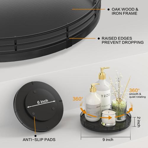 9 Oak Wood Lazy Susan Turntable Organizer, Lazy Susan for Cabinet Dining Table Pantry Wood Rotating Tray for Kitchen Countertop Coffee Table Decor Spinning Spice Can Organization and Storage Black