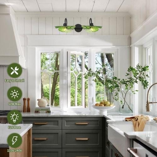 2-Light Vanity Light, Black Wall Sconce with Green Glass Shade, Vintage Bathroom Light Fixture for Over Mirror, Bedroom, Hallway, Living Room