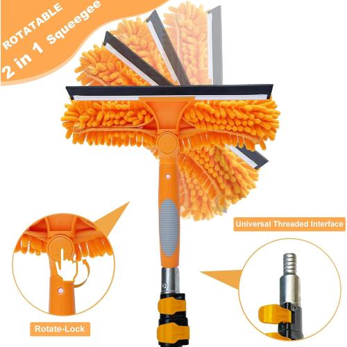 20 Ft  Reach 2 In 1 Window Squeegee Duster with 5-to-12 Foot Extension Pole, Cleaner Tool with 3-Stage Telescoping Pole, Cleaning Kit with Rotatable Head - Chenille Cloth   Microfibre Cloths Head
