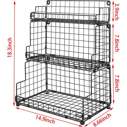 X-cosrack Stackable Wire Basket 3 Tier Countertop& Wall Mounted Metal Storage Basket for Kitchen Pantry Cabinet, Muti-functional Open Front Bin Organizer for Food Fruit Snack, Black