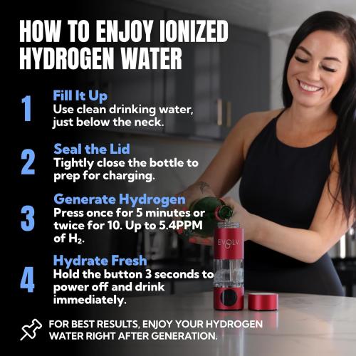 EVOLV Hydrogen Water Bottle Generator – SPE & PEM Water Ionizer 5.4PPM, Highest H2 Concentration – Portable 8oz Hydrogenated Water Bottle – Leak-Proof Hydrogen Water Machine, Easy to Use – Crimson