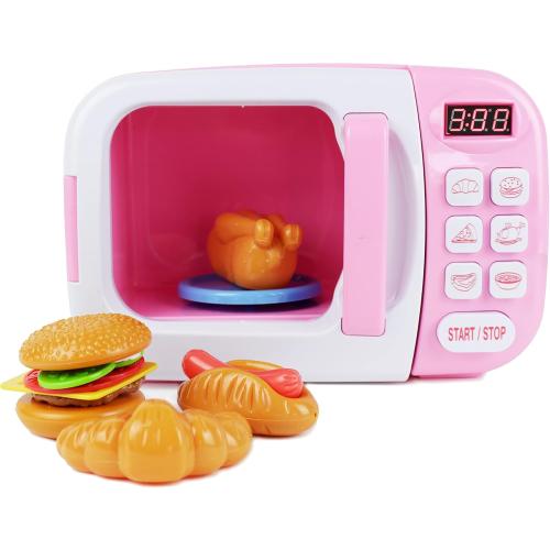 Boley Pink Microwave Playset - 11 Pc Light & Sound Pretend Play Kitchen Toys Set with Play Food for Kids Ages 3