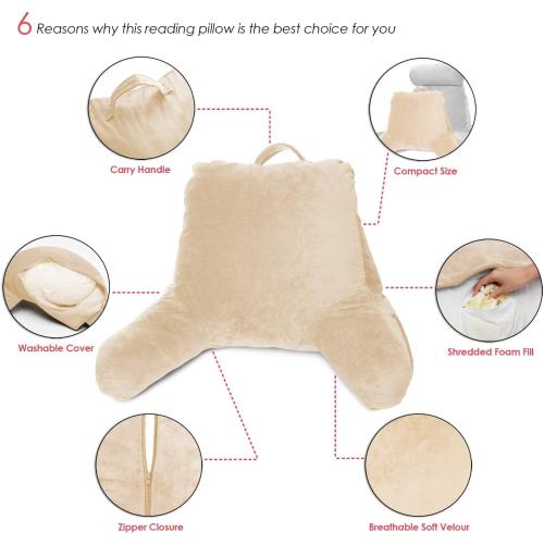 Clara Clark Reading Pillow, Back Rest Pillow for Sitting in Bed with Arms for Kids & Adults - Premium Shredded Memory Foam TV Sit Up Pillow - Medium, Cream