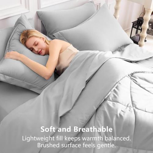 CozyLux Queen Comforter Set with Sheets Light Grey - 7 Pieces Bed in a Bag