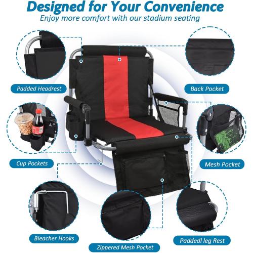 Black and Red Portable Stadium Seats with Back Support and Armrest, Folding Bleacher Chairs with Back and Cushion, Wide Padded Sports Chair with Cup Holder (2 Pack, Red)