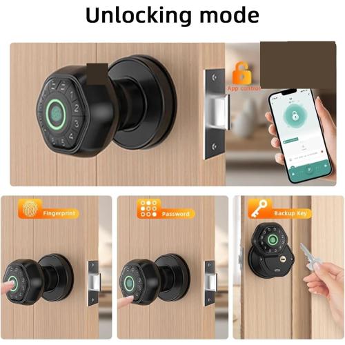 Smart Lock with Handle, Smart Fingerprint Door Lock Electronic Lock Round Knob with Password/Key/APP Unlock,for Bedroom/Front Door/Apartment(Black)