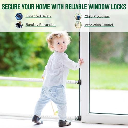 Window Locks & Sliding Door Security Bar, 2 Pack Adjustable Child Safety Lock for Up/Down/Horizontal Windows & Sliding Glass Doors from Inside, for Apartment & Patio (17-50 Inch)