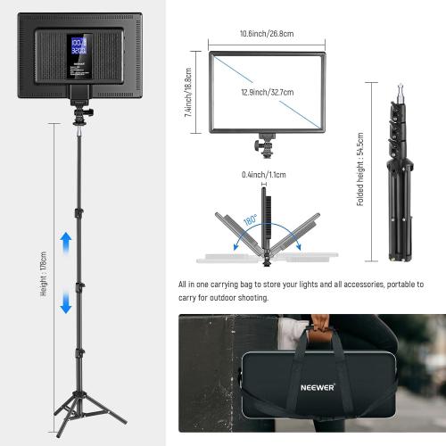 NEEWER 13 LED Video Light Panel Kit, 2 Pack Bi Color Dimmable with Tripod Stand, 4000mAh Battery, 3200K-5600K CRI97 , USB, for Studio/Streaming/YouTube, Black, NL-192AI