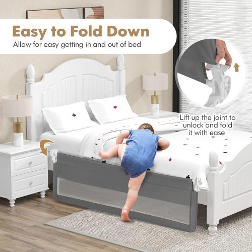 BABY JOY Bed Rails for Toddlers, 71'' Extra Long, Swing Down Bed Guard w/Safety Strap, Folding Baby Bedrail for Kids Twin, Double, Full Size Queen & King Mattress (71-Inch, Gray)