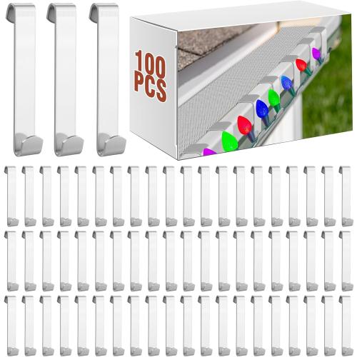 Shimeyao 100 Pcs Christmas Gutter Guard Light Clips Metal Gutters Hooks Stainless Steel Christmas Gutter Clips Outdoor Weatherproof Aluminum String Light Hangers for Xmas Outside Holiday Decoration