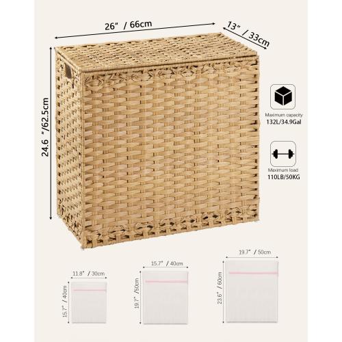 SETVSON Laundry Hamper with Lid Laundry Basket 132 L (35 Gal) Wicker Clothes Hamper, Handwoven Rattan Hamper with Handles and 4 Removable Liner Bags, 6 Mesh Bags for Laundry Bedroom Natural
