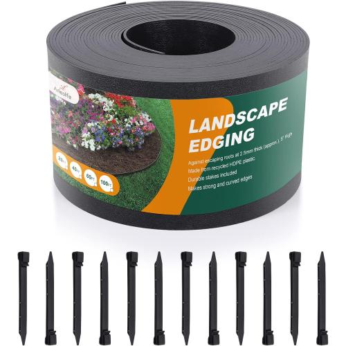 Black Plastic Garden Landscape Edging, 5” Tall Border Coil, Flexible and Strengthened with Anti-UV Treatment (40ft with 12pcs Stakes)