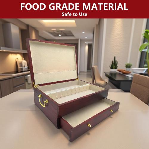 Silverware Storage Box, Kitchen Drawer Organizer, Drawer-containing flap-type storage box, Wood Chest, with Tarnish Proof Felt Lined, Storage Silver Chest for Kitchen (2 layer)
