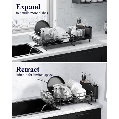 Kitsure Large Dish Drying Rack - Extendable Dish Rack, Multifunctional Dish Rack for Kitchen Counter, Anti-Rust Dish Drainers with Cutlery & Cup Holders 19.2-26.7 L x 12.9 W, Black