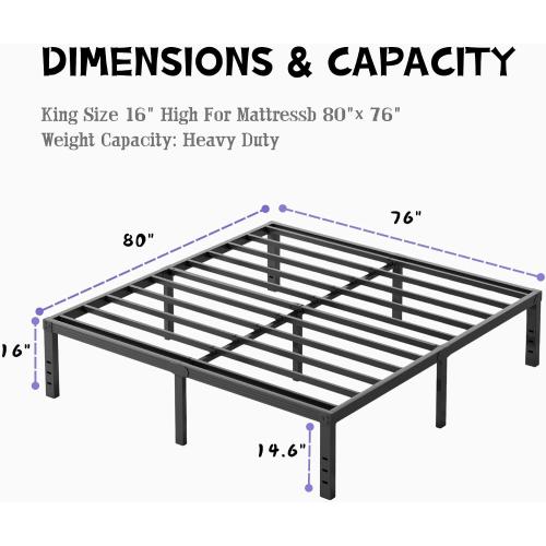 16 Inch High Metal King Bed Frame, Platform King Size Bed Frame No Box Spring Needed, Easy to Install, Noise Free, Sturdy