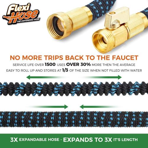 Flexi Hose Expandable Garden Hose with 8 Function Nozzle, 75FT - Lightweight Retractable Garden Hose, Water Hose - No-Kink Flexibility, 3/4 Inch Solid Brass Fittings and Double Latex Core