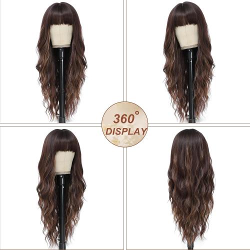 Brown Mix Blonde Wig with Bangs for Women Long Brown Highlights Wavy Wigs 26 Inch Brown Wigs Natural Looking Heat Resistant Synthetic Wig for Daily Party Use