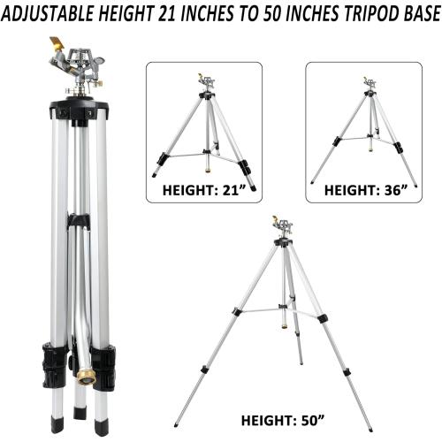 STYDDI Heavy Duty Impact Sprinkler on Tripod Base, Extra Tall Metal Pulsating Telescoping Tripod Sprinkler for Large Area, Yard, Lawn, Garden, Waters up to 90 Ft. Diameter, Legs Extends Up to 50-inch